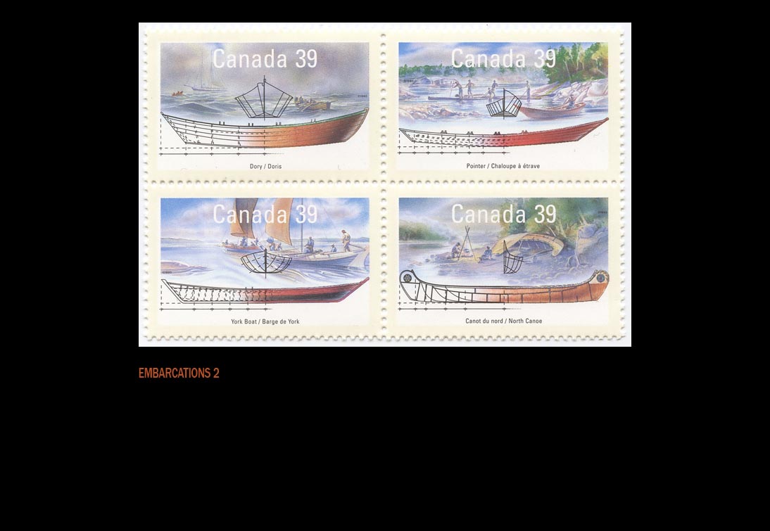 timbres embarcations canadiennes, barge de york, chaloupe  trave, canot, doris