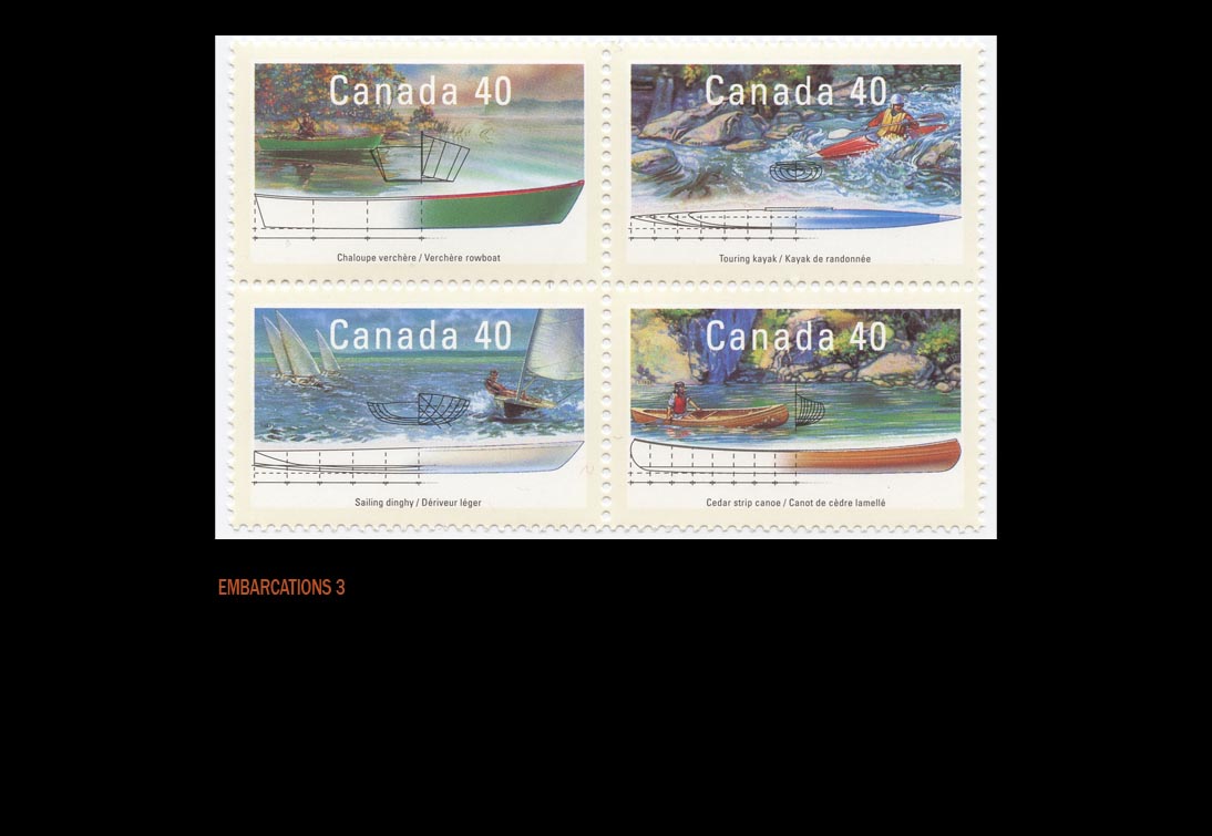 timbres embarcations canadiennes, canot, chaloupe, kayak, voilier